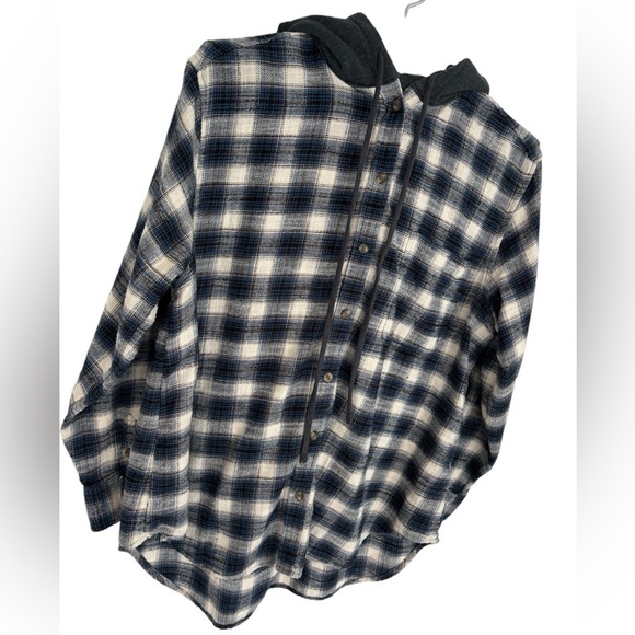 AMERICAN EAGLE PLAID FLANNEL HOODED BUTTON LONG SLEEVE SHIRT, SIZE L - Picture 3 of 9